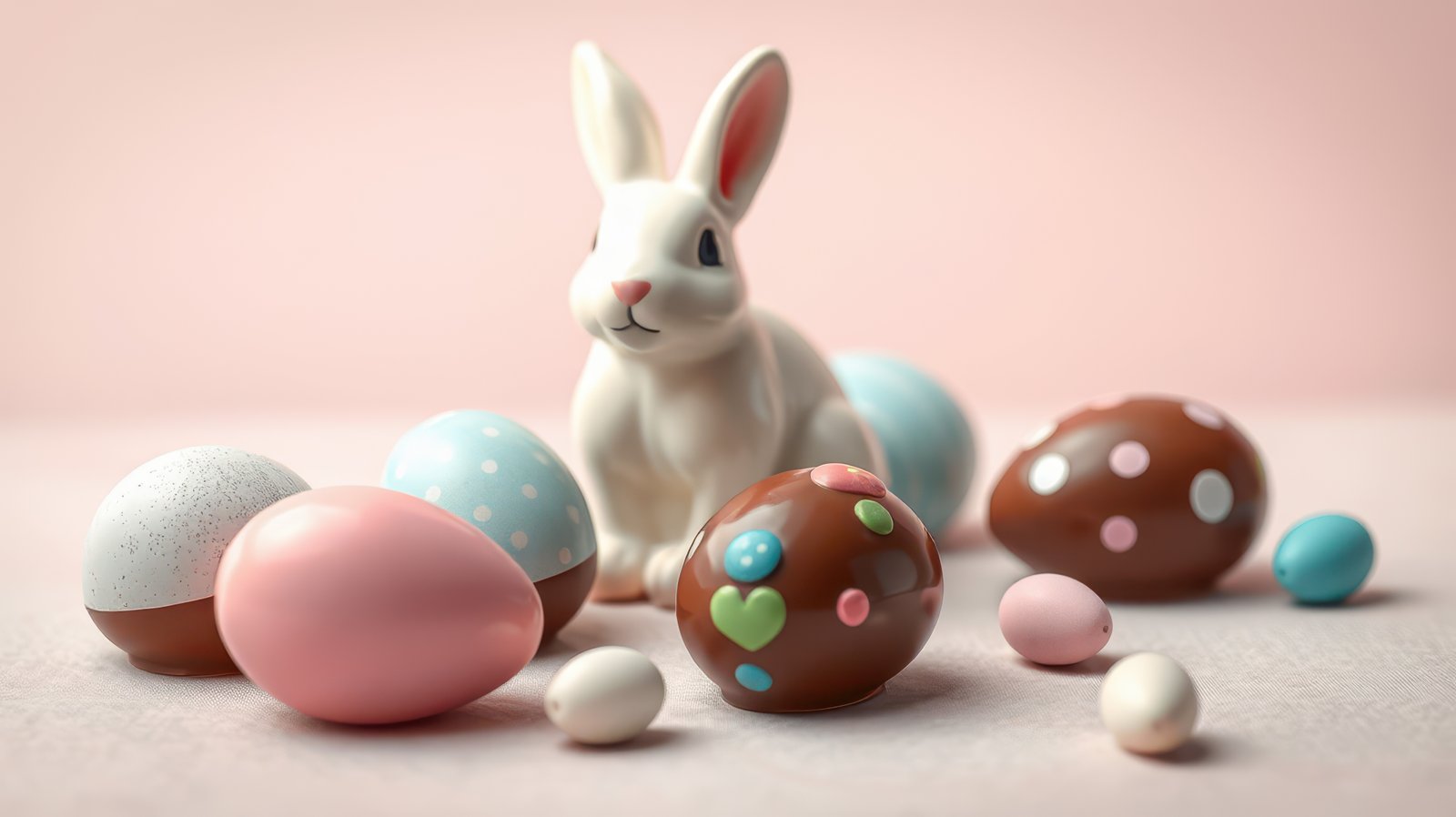 Cute bunny surrounded by colorful Easter eggs in soft pastel setting for spring celebration